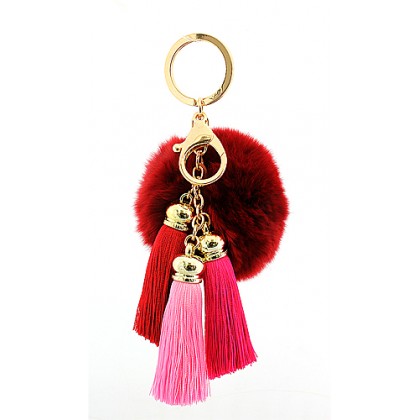 Key Chain - 12 PCS - Rabbit Fur Pom Pom w/ Tassel - Burgundy - KC-YQ005BG